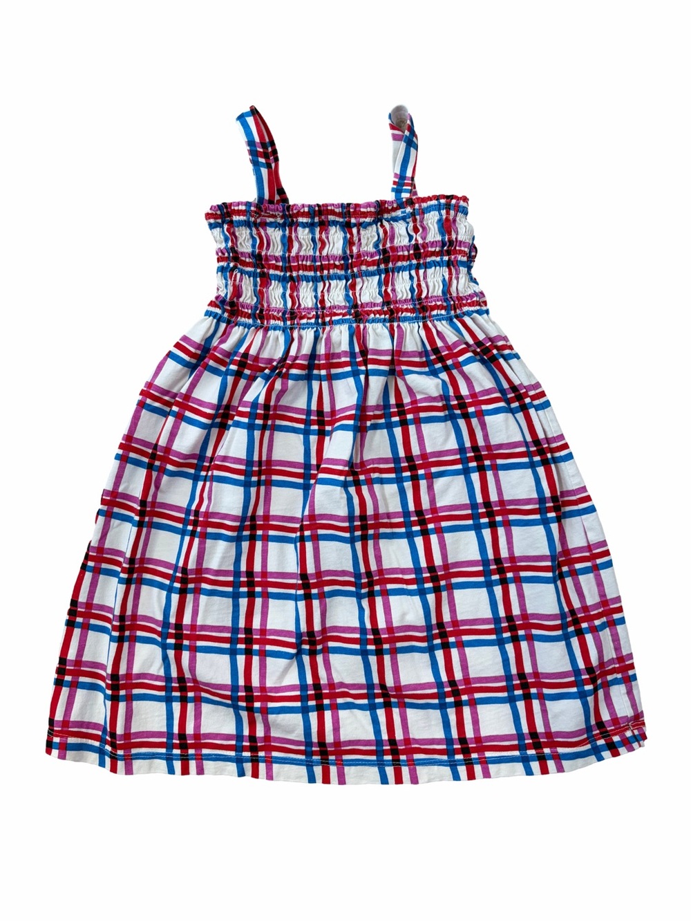 Hanna Andersson Size 120, 6-7, Red Blue Pink Colorful Plaid Smocked Tank Dress